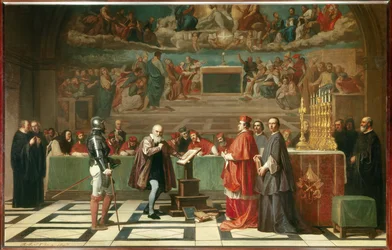 Galilei (eller Galileo Galilei, 1564-1642) inför Heliga officiet i Vatikanen. Astronomen dömdes 1632 av inkvisitionstribunalen för att ha försvarat Kopernikus teorier. 1847