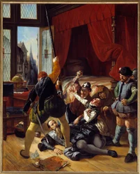 Religionskrig: ”Scen från Bartolomeinatten, mordet på Briou, guvernör åt prinsen av Conti, 24/08/1572”. 1833. Sol. 1,64 x 1,3 m