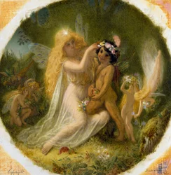 "Titania, prinsessa av älvornas gudar, och den unge indianen som hon har gjort till sin page" Illustration till "En midsommarnattsdröm" av William Shakespeare. Målning av Joseph Noel Paton (1821-1901) Privat samling