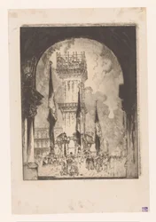 Campanile av Venedig i byggnadsställningar Återuppbyggnad av Campanile, nr. i