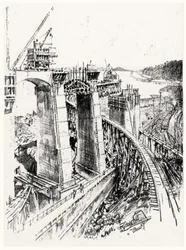 Approaches to the Gatun Lock, skylt VI från Panamakanalen av Joseph Pennell, 1912 (kol på papper)