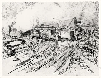 Building Miraflores Lock, skylt XXI från Panamakanalen av Joseph Pennell, 1912 (kol på papper)