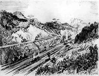 In the Cut at Las Cascades, plåt XII från Panamakanalen av Joseph Pennell, 1912 (kol på papper)