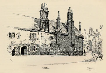 Old Charterhouse: Exteriör fasad av Washhouse Court, med den inre porten, 1886