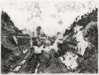 Snittet ser mot Ancon Hill, plåt XVII från Panamakanalen av Joseph Pennell, 1912 (kol på papper)
