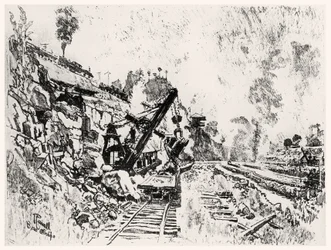 The Cut at Bas Obispo, plåt XI från Panamakanalen av Joseph Pennell, 1912 (kol på papper)