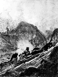 The Cut from Culebra, plåt XIII från Panamakanalen av Joseph Pennell, 1912 (kol på papper)
