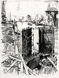 The Guard Gate at Gatun, skylt V från Panamakanalen av Joseph Pennell, 1912 (kol på papper)