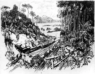 The Jungle: The Old Railway, skylt VIII från Panamakanalen av Joseph Pennell, 1912 (kol på papper)
