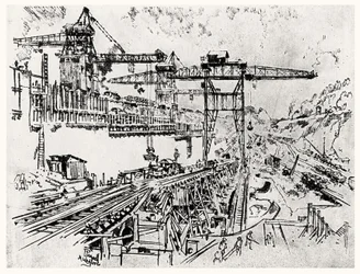 The Walls of Miraflores Lock, skylt XXIII från Panamakanalen av Joseph Pennell, 1912 (kol på papper)