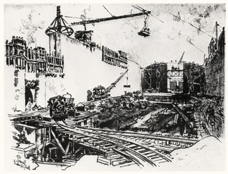 The Walls of Pedron Miguel, plåt XX från Panamakanalen av Joseph Pennell, 1912 (kol på papper)