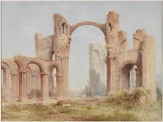 Lindisfarne Priory Ruins (akvarell, kroppsfärg och penna på papper)