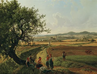 Utsikt över gården Emmersdorf och slottet Rothenhof med Melk Abbey i bakgrunden