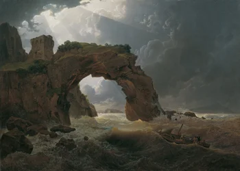 Havsstorm vid Arco di Miseno nära Miliscola med utsikt mot Nisida