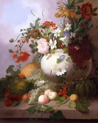 Vas med sommarblommor. Målning av Joseph Rhodes (1782-1854) Privat samling.