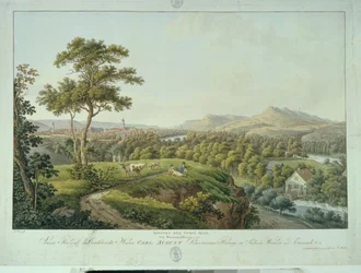 Vy över Jena från Rasenhuehlberg, ca 1810 (etsning)