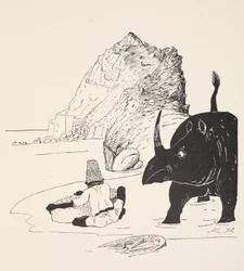 Parsee börjar äta sin kaka på den obebodda ön, illustration från "Just So Stories for Little Children" av Rudyard Kipling, pub. London, 1951