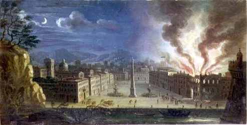 En piazza i en italiensk hamn med en byggnad som brinner på natten