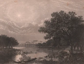 Louisiana Bayou, USA, stålstick av Robert Hinshelwood (1812-efter 1875) efter målning av Joseph Rusling Meeker (1827-1889), cirka 16x18 cm