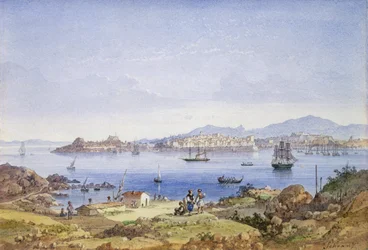 Korfu från ön Vido, ca 1845 (wc över penna på papper)