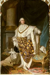 Porträtt till fots av kungen av Frankrike Ludvig XVI i sakraldräkt (1754-1793) Han har halsbandet av den Helige Andes Orden (Helig Ande) - Målning från Atelier of Joseph Siffred Duplessis (1725-1802) (Joseph- Siffrede, Joseph-Siffrede, Joseph Si