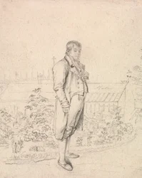 En skiss av Sir Walter Scott i en trädgård