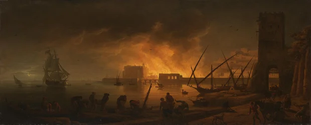 Brand i en hamnstad på natten, 1748