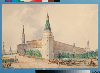 The Resurrection Square and the Alexander Garden in Moscow (The Resurrection Square and the Alexander Garden in Moscow) - Verk av Joseph Vivien (1793-1852), akvarell på papper, polsk konst 1800-talet, klassicism - Statens historiska museum , Mosk
