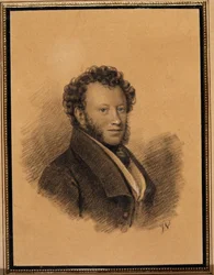 Porträtt av författaren Alexandre Pouchkine (1799-1837) - Verk av Joseph Vivien (1793-1852), penna och akvarell på papper