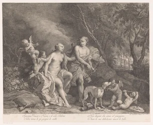 Venus och Adonis som älskare med fyra putti