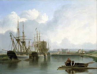 Beskrivning av hamnen i Bristol (England), med Indiaman-fartyg som handlar med och transporterar amerikanskt timmer, och trälaster som flyter på vattnet med två män i en båt som samlar upp dem med krok och gaffe