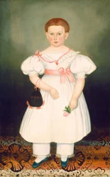 Flicka med nätmask och ros, ca. 1840.