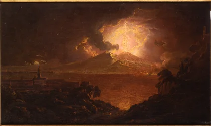 En vy av Vesuvius som bryter ut om natten