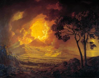 Vesuvas utbrott med huvudet av Saint January-dörren i procession Målning av Joseph Wright från Derby (1734-1797) 1700-talets Moskva, Pushkin-museet