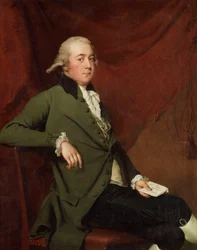 Porträtt av Edward Abney, sittande tre fjärdedels längd, i en grön kappa, håller ett brev mot en röd gardin, sent 1780-tal