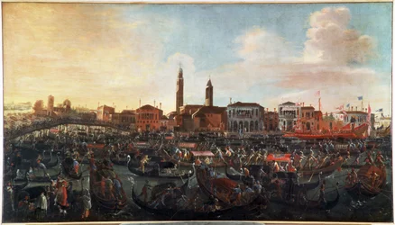 Freskens högtid”” på himmelsfärdsdagen i Murano, Venedig”” San Cipriano-klostret till höger och kyrkan Santo Stefano i mitten, försvann idag (Feskmåltidens högtid på Kristi himmelsfärdsdagen i Murano Island, Venedig) Målning av Jo