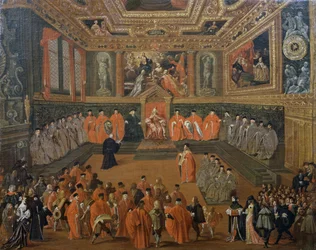 Utfrågning av doge i rådssalen i Ducal Palace, Venedig, målning av Joseph Heintz Younger (ca 1600-1678)