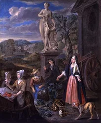 Figurer på en marknad i ett klassiskt landskap (olja på duk)