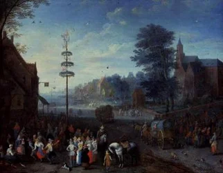 By kermesse med bybor som dansar runt en majstång och resenärer på en väg