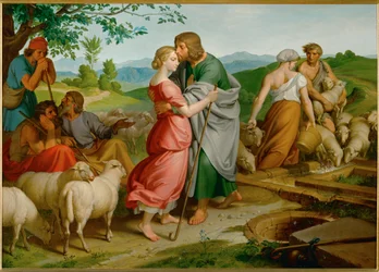 Jakob och Rahel. Vid brunnen träffar Jakob Rahel, Labans yngsta dotter