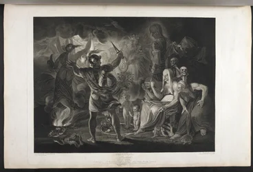 Macbeth.
Akt IV. Scen I.
En mörk grotta. I mitten en kittel som kokar. Tre häxor. Macbeth. Hekate.
Macbeth står inför häxorna och uppenbarelserna; vid hans fötter, inuti en slingrande orm, står ett litet blodigt barn och ett barn som bär en krona och hå
