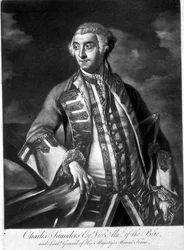 Porträtt av amiral Sir Charles Saunders (ca 1713-75) viceamiral för den blå skvadronen, graverad av James McArdell (ca 1729-65) (gravyr)