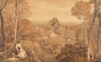 Skogbevuxen landskap med stugor och landsmän, Hurley, Berkshire
