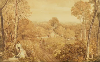 Skogbevuxet landskap med stugor och landsmän, Hurley, Berks, 1818 (wc över grafit på papper)