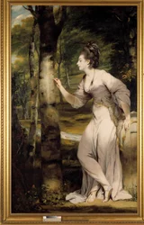 En kvinna med stor elegans ger ett namn på en trädstam i en romantisk atmosfär. Målning av Joshua Reynolds (1723-1792). 1700-talet. Collection privee - Fullängdsporträtt av Mrs Lloyd: En elegant kvinna täljer ett namn på en trädstam i en romantisk atmosfär