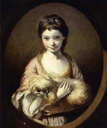 Porträtt av fröken Emilia Vansittart, halvlångt, iklädd en rosa och vit klänning som håller i en hund, ca 1767-68