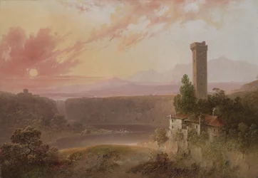 Utsikt över sjön Nemi vid solnedgången, ca 1840-50