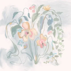 Fåglar i pastellfärgade blommor