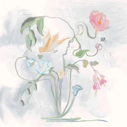 Pastellfärgade fåglar och blommor