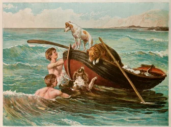 Hundar i en båt, 1900-tal (illustration)